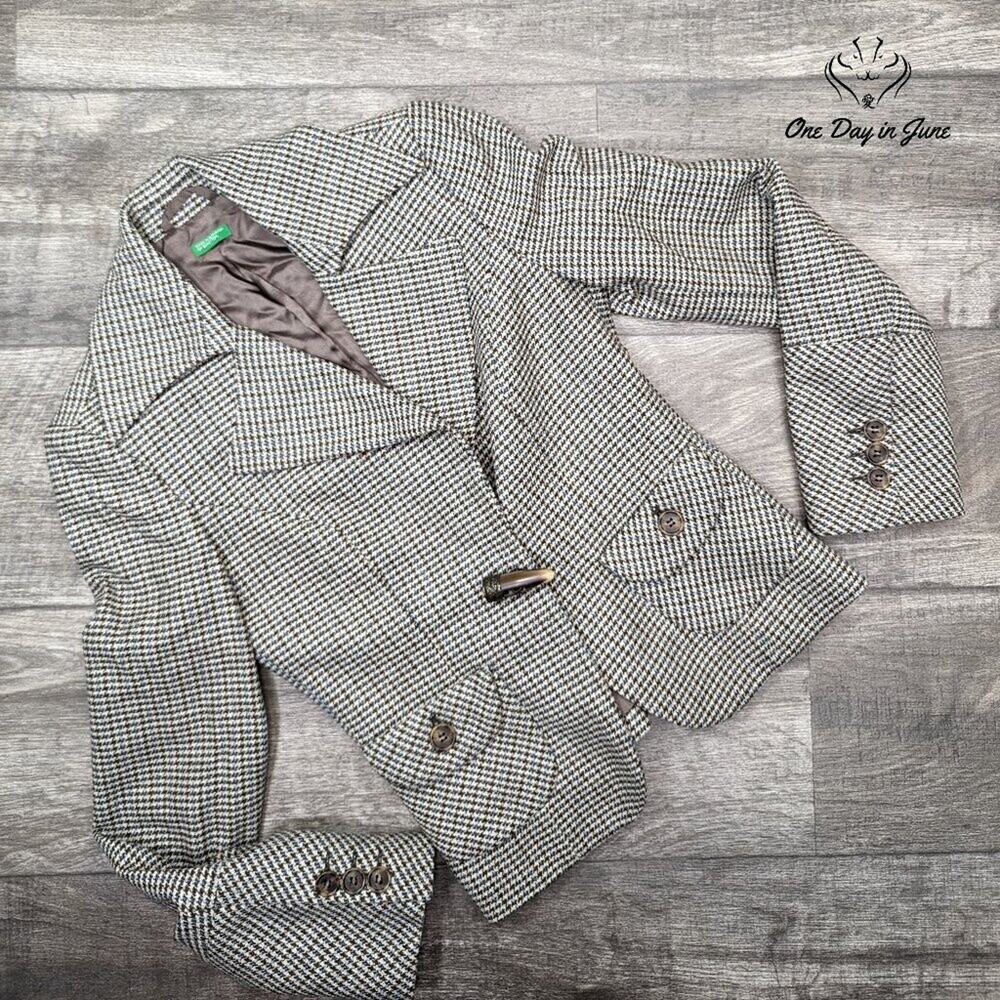 Benetton Vintage Houndstooth Blazer Brown Blue Wool Blend Tailored Size 40 (M)